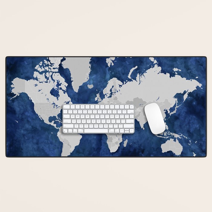 Dark blue watercolor and grey world map Desk Mat Gallery Image 1