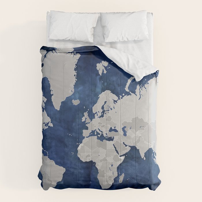 Dark blue watercolor and grey world map Comforter Gallery Image 6