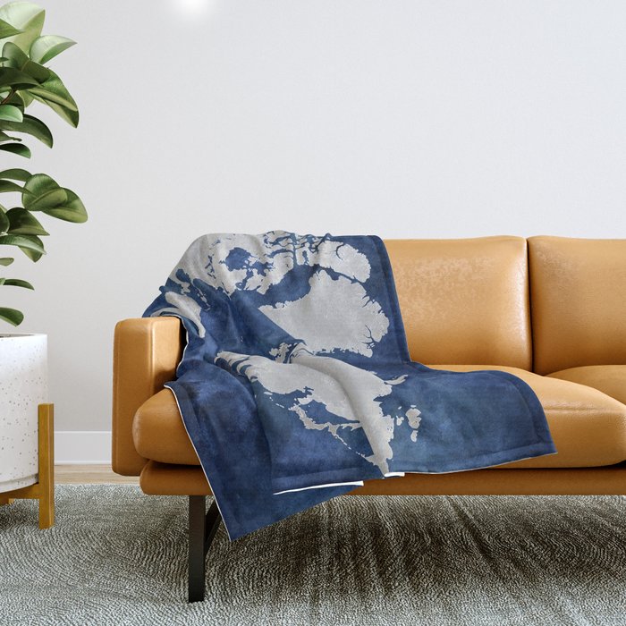 Dark blue watercolor and grey world map Throw Blanket Gallery Image 1