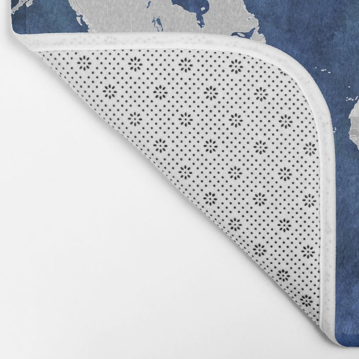Dark blue watercolor and grey world map Bath Mat Gallery Image 2