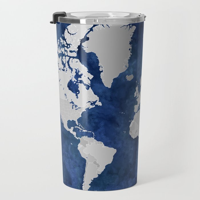 Dark blue watercolor and grey world map Travel Mug Gallery Image 3