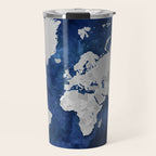 Dark blue watercolor and grey world map Travel Mug Gallery Image 1