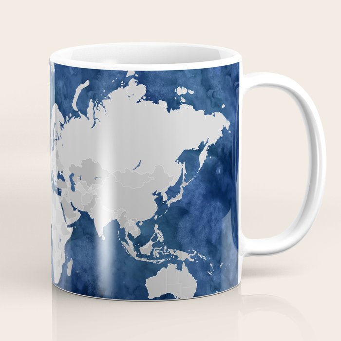 Dark blue watercolor and grey world map Coffee Mug Gallery Image 1