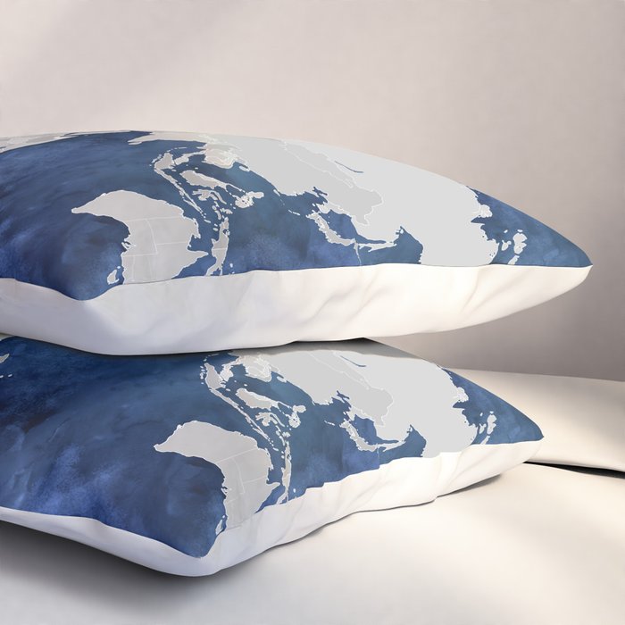 Dark blue watercolor and grey world map Pillow Sham Gallery Image 3