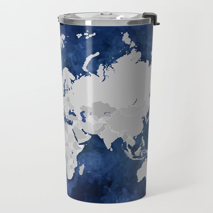 Dark blue watercolor and grey world map Travel Mug Gallery Image 2