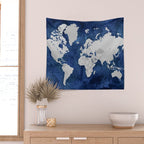 Dark blue watercolor and grey world map Wall Tapestry Gallery Image 2