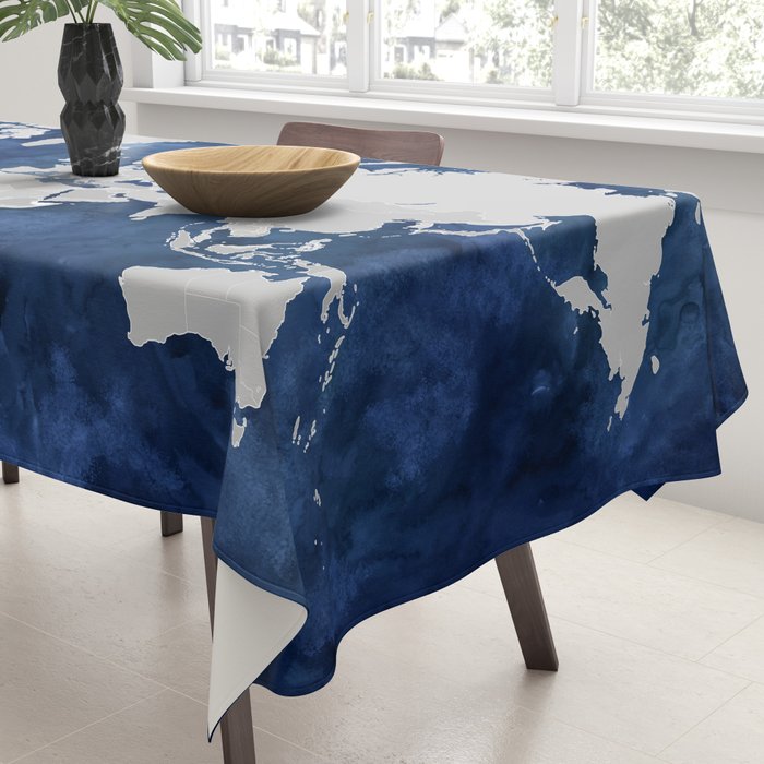 Dark blue watercolor and grey world map Tablecloth Gallery Image 3