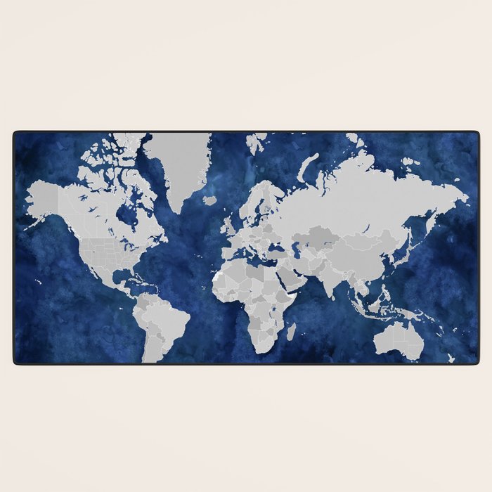 Dark blue watercolor and grey world map Desk Mat Gallery Image 3