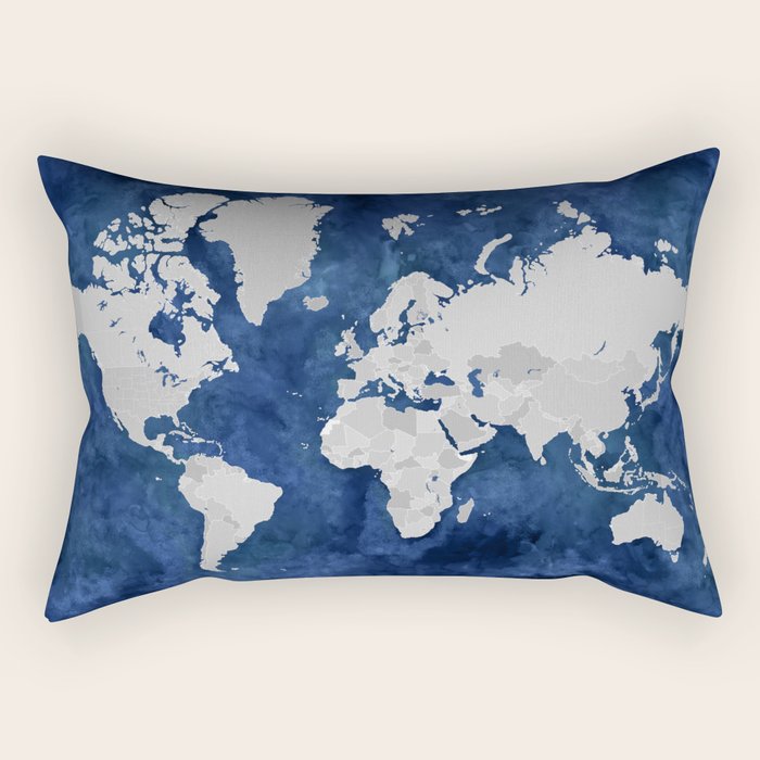 Dark blue watercolor and grey world map Rectangular Pillow Gallery Image 2