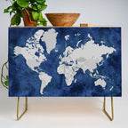 Dark blue watercolor and grey world map Credenza Gallery Image 1