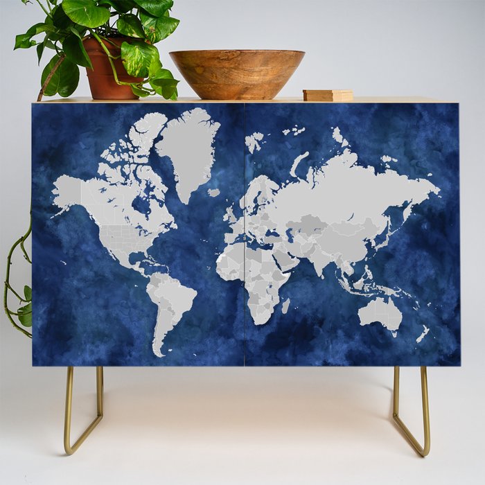 Dark blue watercolor and grey world map Credenza Gallery Image 1