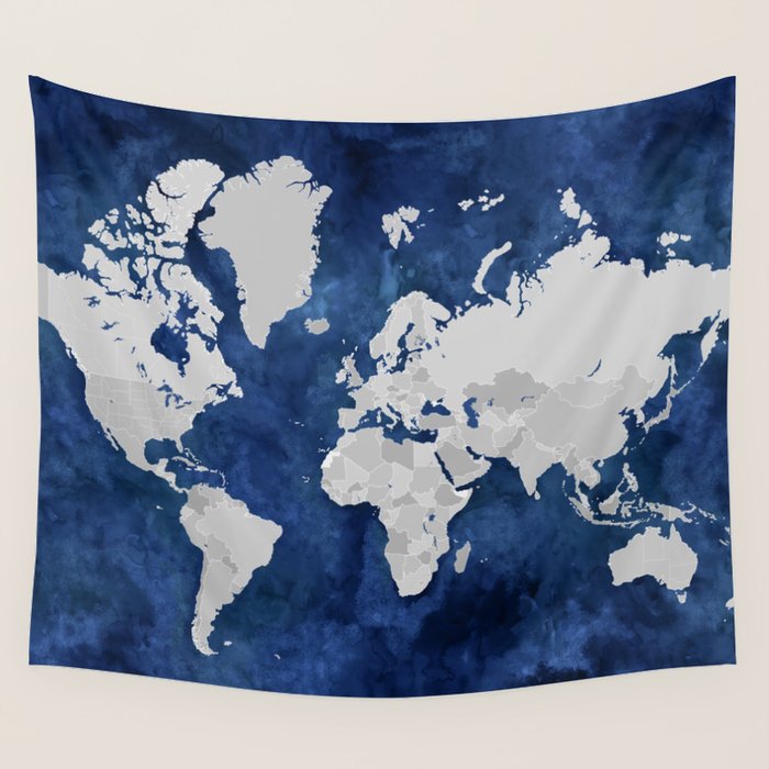 Dark blue watercolor and grey world map Wall Tapestry Gallery Image 1