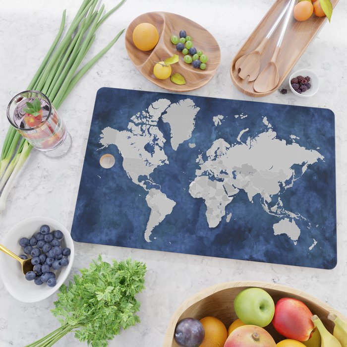 Dark blue watercolor and grey world map Cutting Board Gallery Image 2