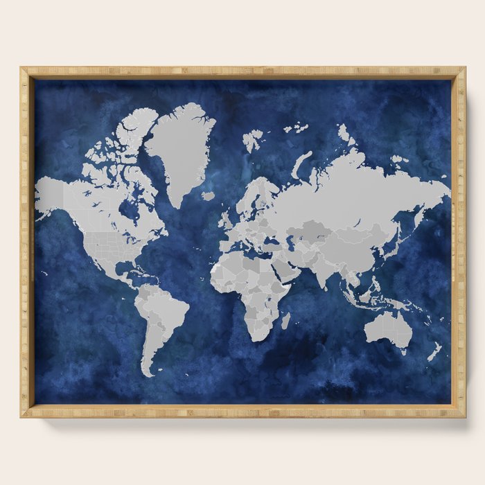 Dark blue watercolor and grey world map Serving Tray Gallery Image 1
