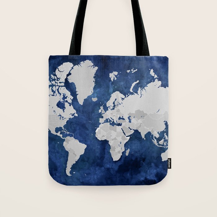Dark blue watercolor and grey world map Tote Bag Gallery Image 1
