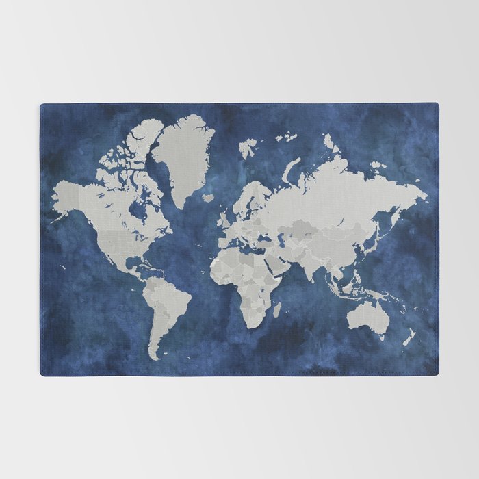 Dark blue watercolor and grey world map Rug Gallery Image 2