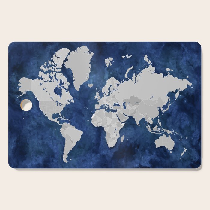 Dark blue watercolor and grey world map Cutting Board Gallery Image 1
