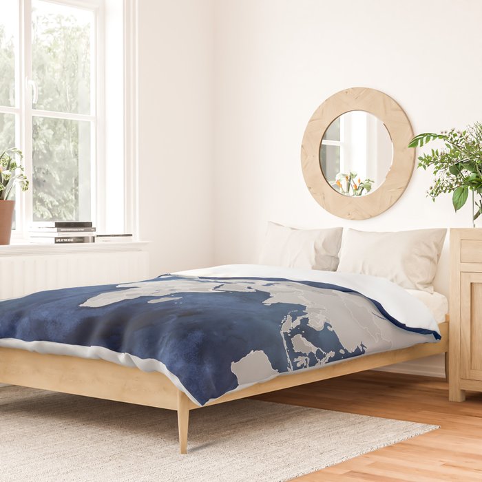 Dark blue watercolor and grey world map Duvet Cover Gallery Image 2
