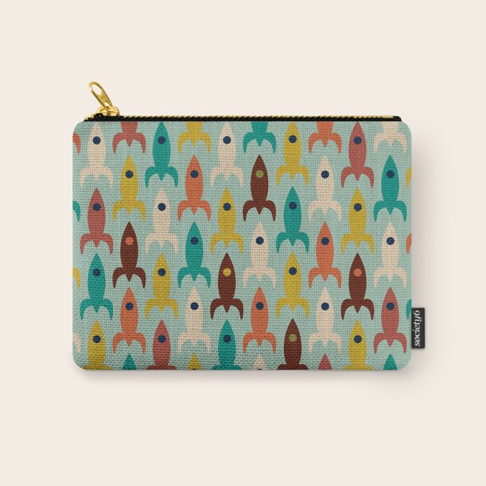 Retro Rockets - Midcentury Modern Atomic Age Aerospace Pattern in Teal, Orange, Mustard, and Celadon Carry All Pouch Gallery Image 1