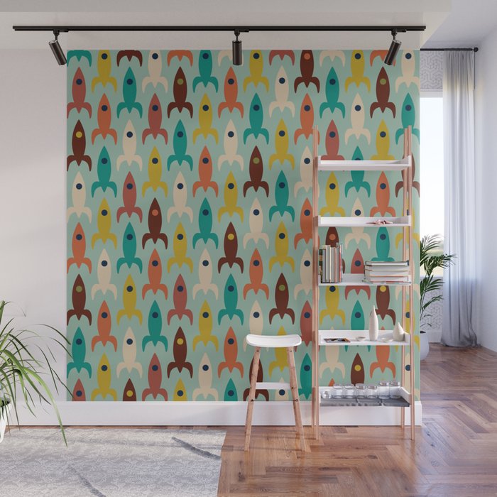 Retro Rockets - Midcentury Modern Atomic Age Aerospace Pattern in Teal, Orange, Mustard, and Celadon Wall Mural Gallery Image 1