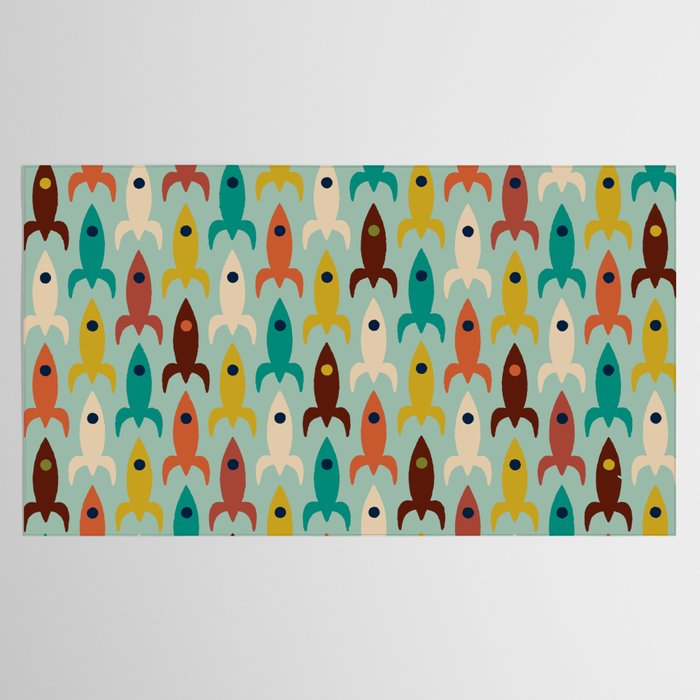 Retro Rockets - Midcentury Modern Atomic Age Aerospace Pattern in Teal, Orange, Mustard, and Celadon Tablecloth Gallery Image 2