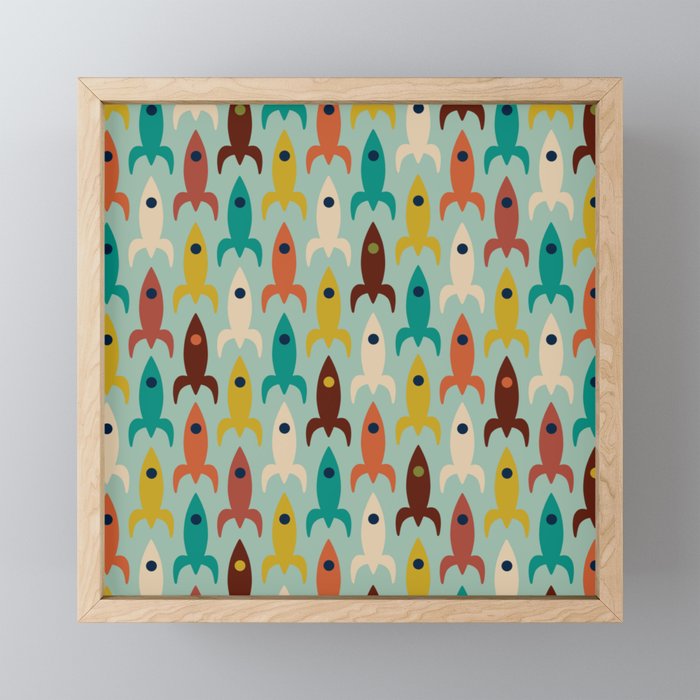 Retro Rockets - Midcentury Modern Atomic Age Aerospace Pattern in Teal, Orange, Mustard, and Celadon Mini Art Print Gallery Image 1