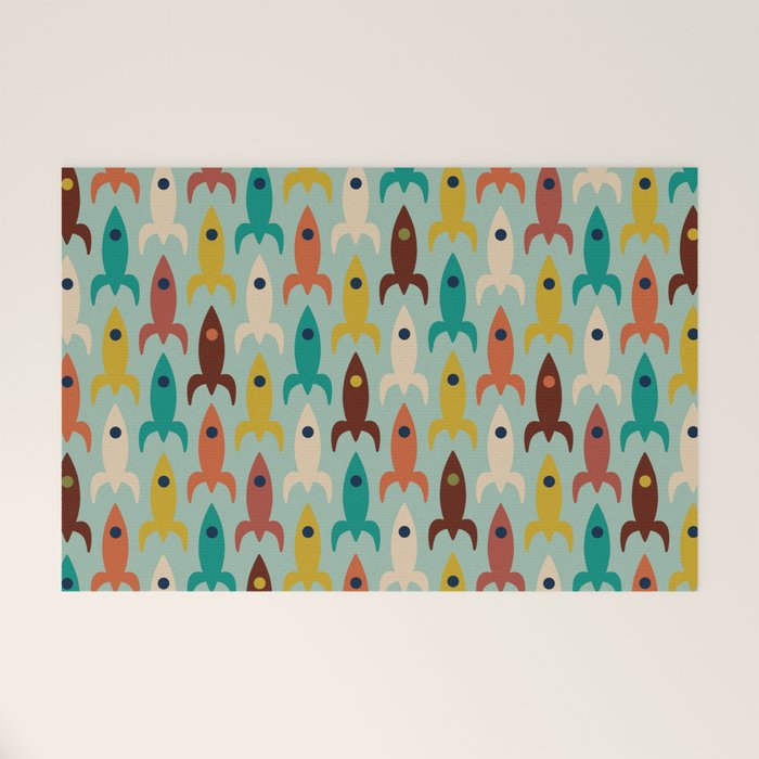 Retro Rockets - Midcentury Modern Atomic Age Aerospace Pattern in Teal, Orange, Mustard, and Celadon Welcome Mat Gallery Image 1