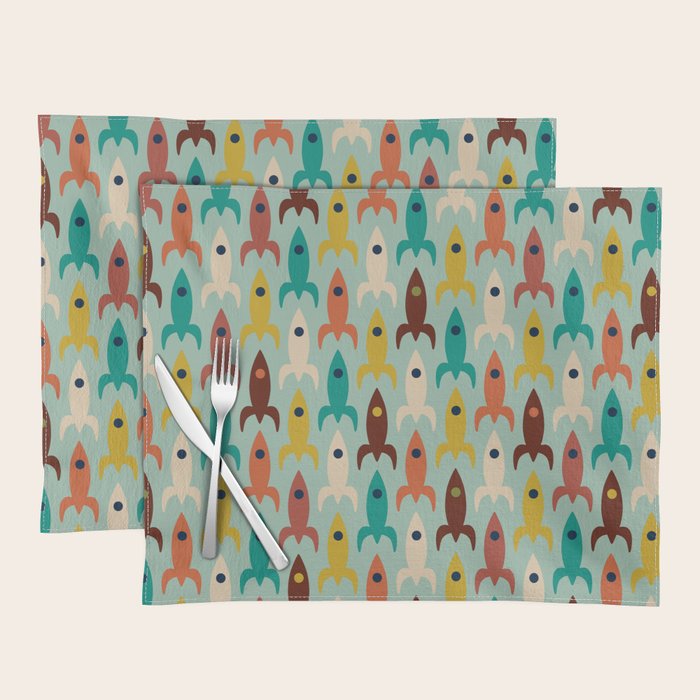 Retro Rockets - Midcentury Modern Atomic Age Aerospace Pattern in Teal, Orange, Mustard, and Celadon Placemat Gallery Image 1