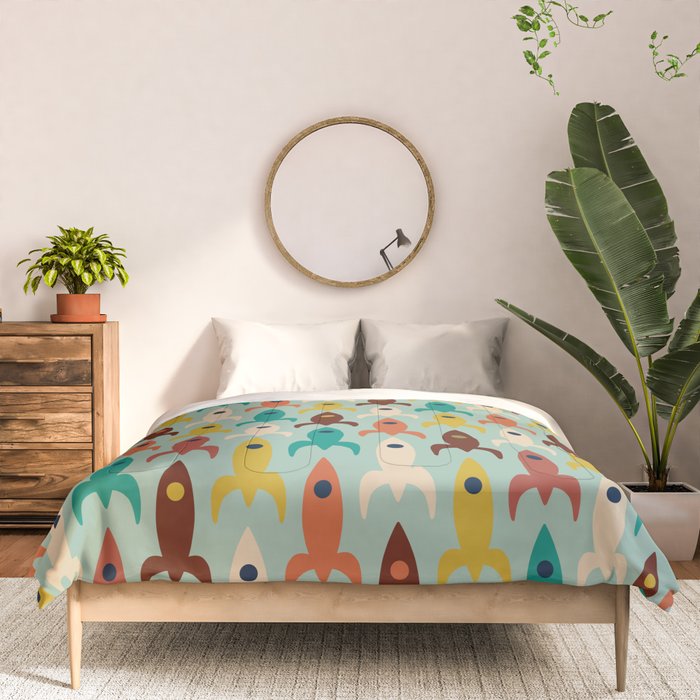 Retro Rockets - Midcentury Modern Atomic Age Aerospace Pattern in Teal, Orange, Mustard, and Celadon Comforter Gallery Image 3