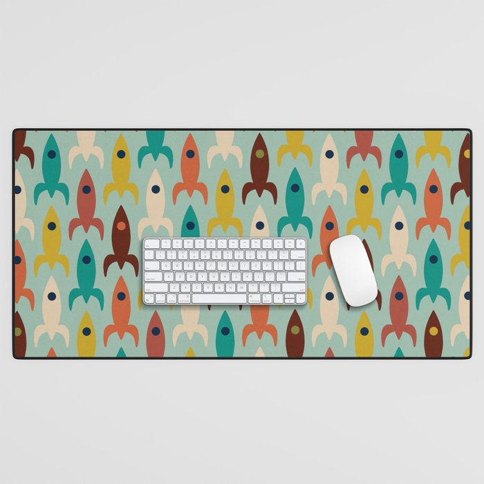 Retro Rockets - Midcentury Modern Atomic Age Aerospace Pattern in Teal, Orange, Mustard, and Celadon Desk Mat Gallery Image 1