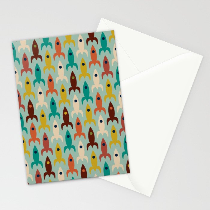 Retro Rockets - Midcentury Modern Atomic Age Aerospace Pattern in Teal, Orange, Mustard, and Celadon Stationery Card Gallery Image 2
