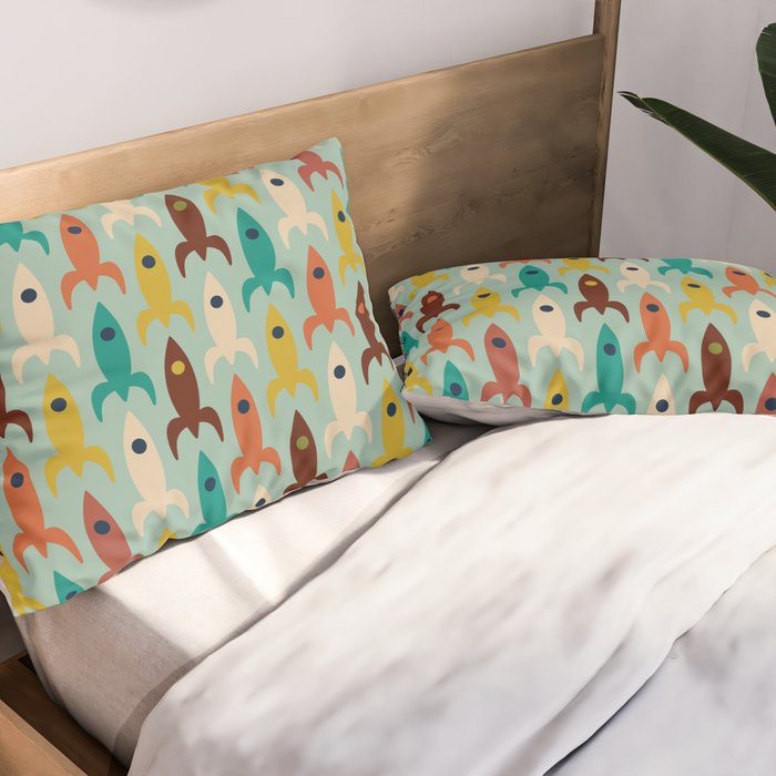 Retro Rockets - Midcentury Modern Atomic Age Aerospace Pattern in Teal, Orange, Mustard, and Celadon Pillow Sham Gallery Image 2
