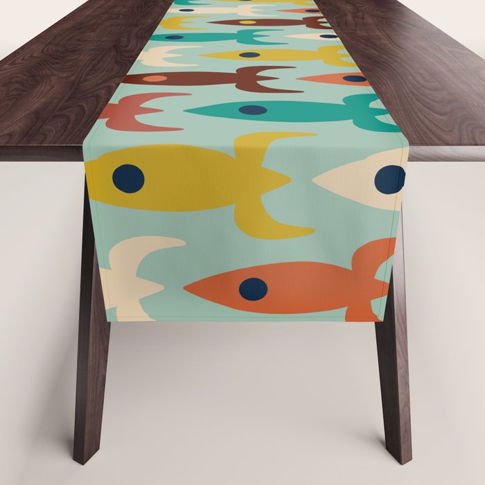 Retro Rockets - Midcentury Modern Atomic Age Aerospace Pattern in Teal, Orange, Mustard, and Celadon Table Runner Gallery Image 1