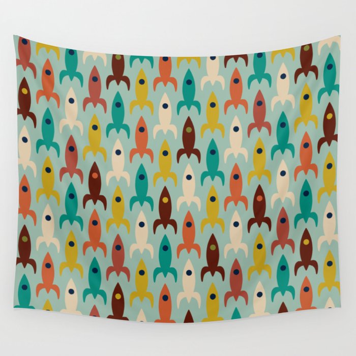 Retro Rockets - Midcentury Modern Atomic Age Aerospace Pattern in Teal, Orange, Mustard, and Celadon Wall Tapestry Gallery Image 4