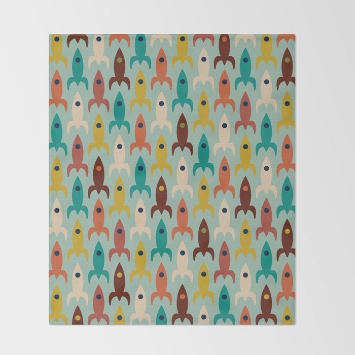 Retro Rockets - Midcentury Modern Atomic Age Aerospace Pattern in Teal, Orange, Mustard, and Celadon Throw Blanket Gallery Image 2