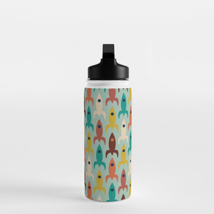 Retro Rockets - Midcentury Modern Atomic Age Aerospace Pattern in Teal, Orange, Mustard, and Celadon Water Bottle Gallery Image 3