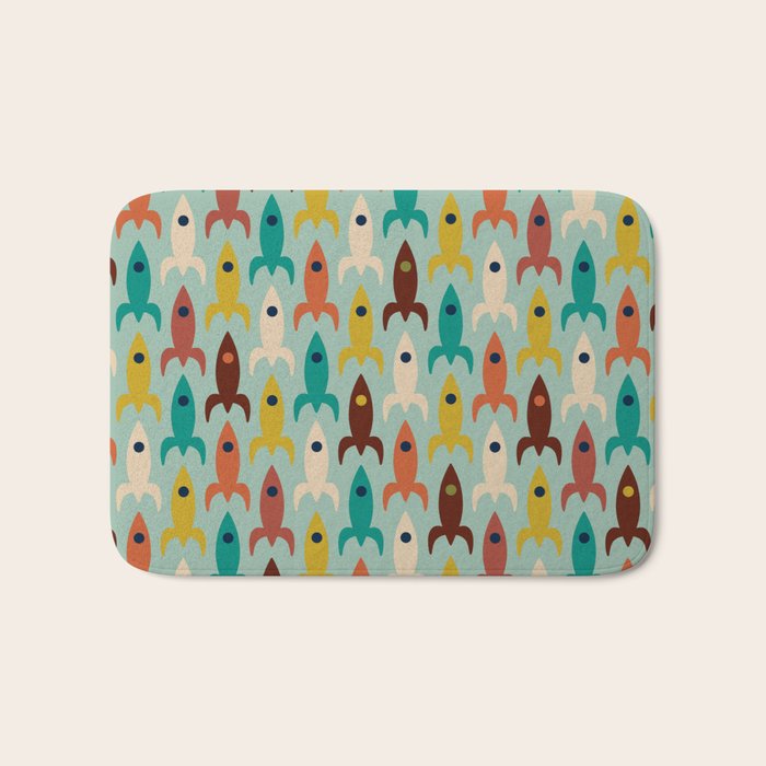 Retro Rockets - Midcentury Modern Atomic Age Aerospace Pattern in Teal, Orange, Mustard, and Celadon Bath Mat Gallery Image 1