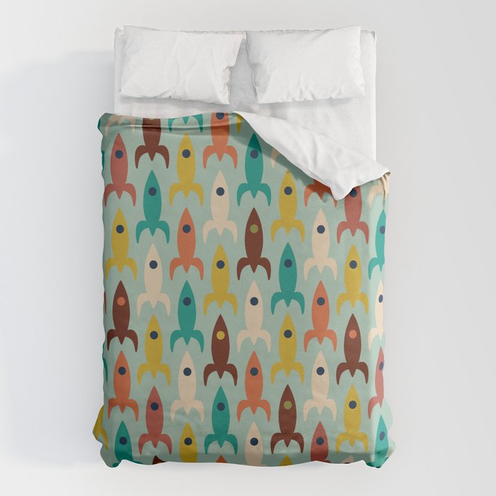 Retro Rockets - Midcentury Modern Atomic Age Aerospace Pattern in Teal, Orange, Mustard, and Celadon Duvet Cover Gallery Image 6