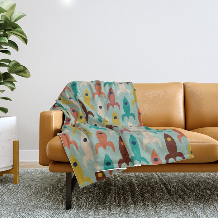 Retro Rockets - Midcentury Modern Atomic Age Aerospace Pattern in Teal, Orange, Mustard, and Celadon Throw Blanket Gallery Image 1