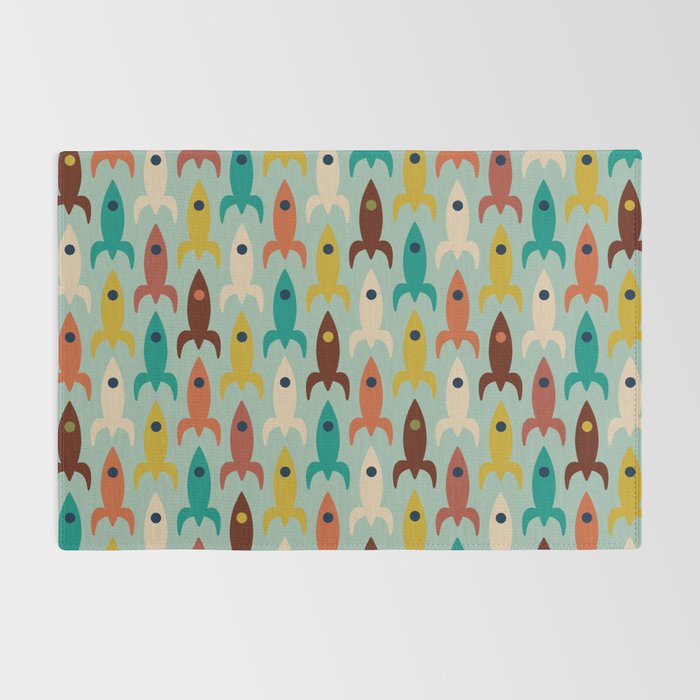 Retro Rockets - Midcentury Modern Atomic Age Aerospace Pattern in Teal, Orange, Mustard, and Celadon Rug Gallery Image 2