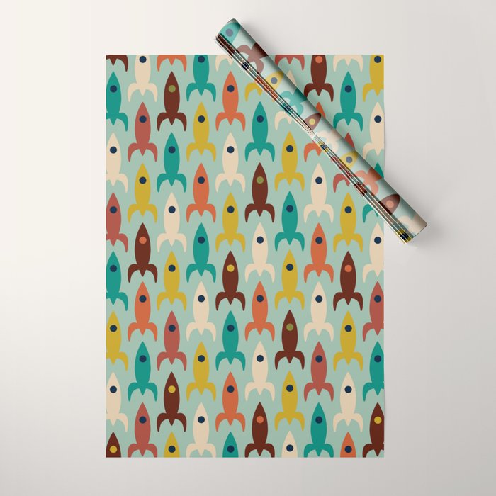 Retro Rockets - Midcentury Modern Atomic Age Aerospace Pattern in Teal, Orange, Mustard, and Celadon Wrapping Paper Gallery Image 1
