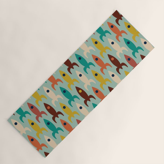 Retro Rockets - Midcentury Modern Atomic Age Aerospace Pattern in Teal, Orange, Mustard, and Celadon Yoga Mat Gallery Image 1