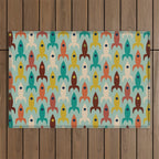 Retro Rockets - Midcentury Modern Atomic Age Aerospace Pattern in Teal, Orange, Mustard, and Celadon Outdoor Rug Gallery Image 1