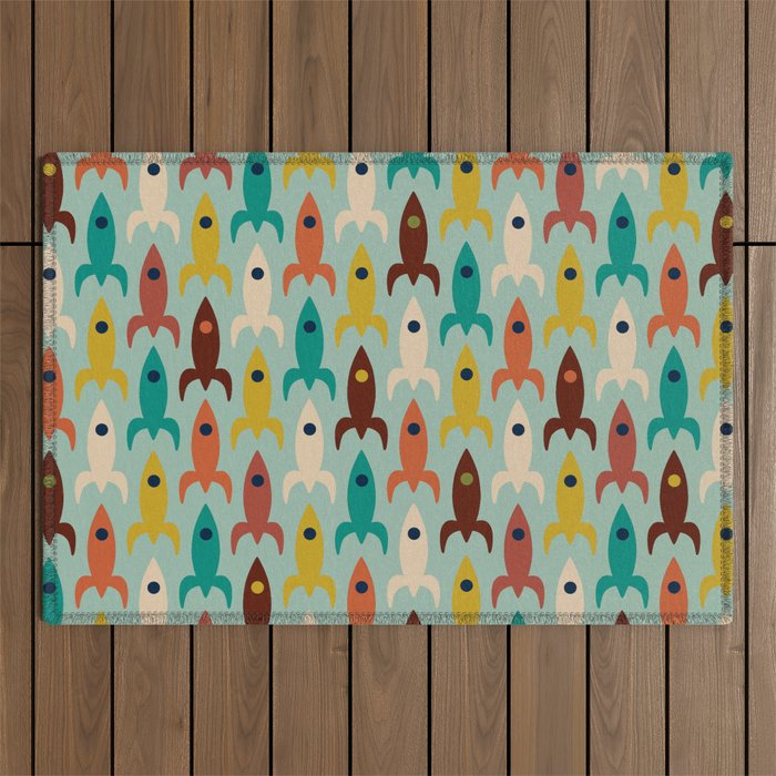 Retro Rockets - Midcentury Modern Atomic Age Aerospace Pattern in Teal, Orange, Mustard, and Celadon Outdoor Rug Gallery Image 1