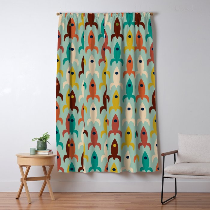 Retro Rockets - Midcentury Modern Atomic Age Aerospace Pattern in Teal, Orange, Mustard, and Celadon Window Curtain Gallery Image 5