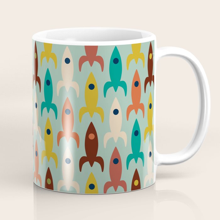 Retro Rockets - Midcentury Modern Atomic Age Aerospace Pattern in Teal, Orange, Mustard, and Celadon Coffee Mug Gallery Image 1