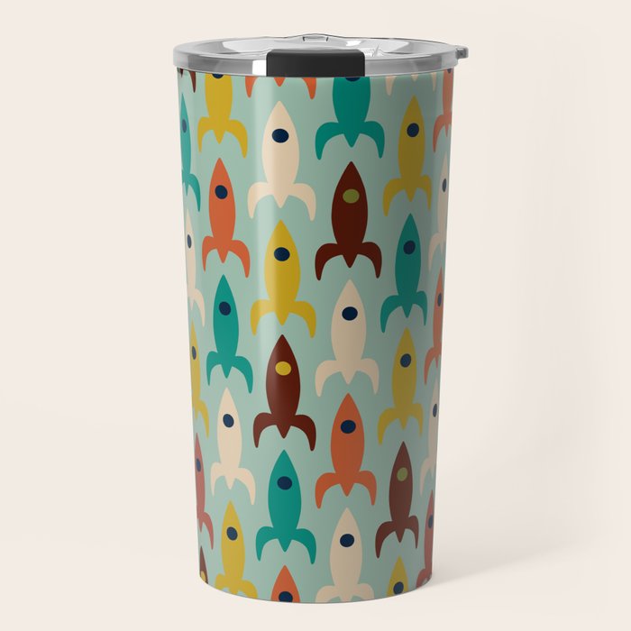Retro Rockets - Midcentury Modern Atomic Age Aerospace Pattern in Teal, Orange, Mustard, and Celadon Travel Mug Gallery Image 1