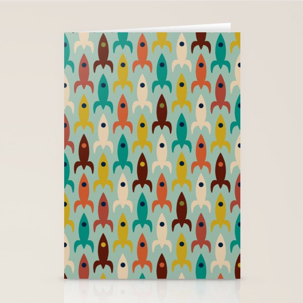 Retro Rockets - Midcentury Modern Atomic Age Aerospace Pattern in Teal, Orange, Mustard, and Celadon Stationery Card Gallery Image 2