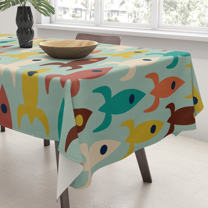 Retro Rockets - Midcentury Modern Atomic Age Aerospace Pattern in Teal, Orange, Mustard, and Celadon Tablecloth Gallery Image 3