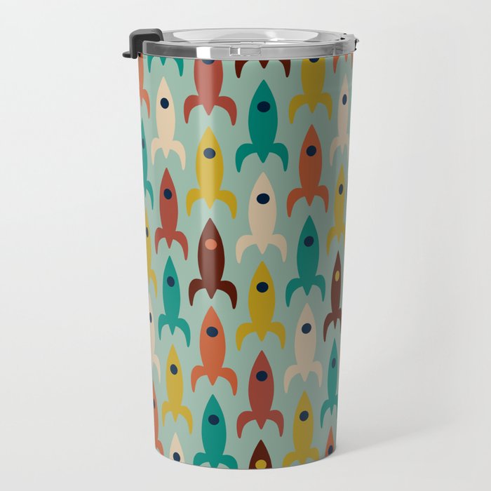Retro Rockets - Midcentury Modern Atomic Age Aerospace Pattern in Teal, Orange, Mustard, and Celadon Travel Mug Gallery Image 3